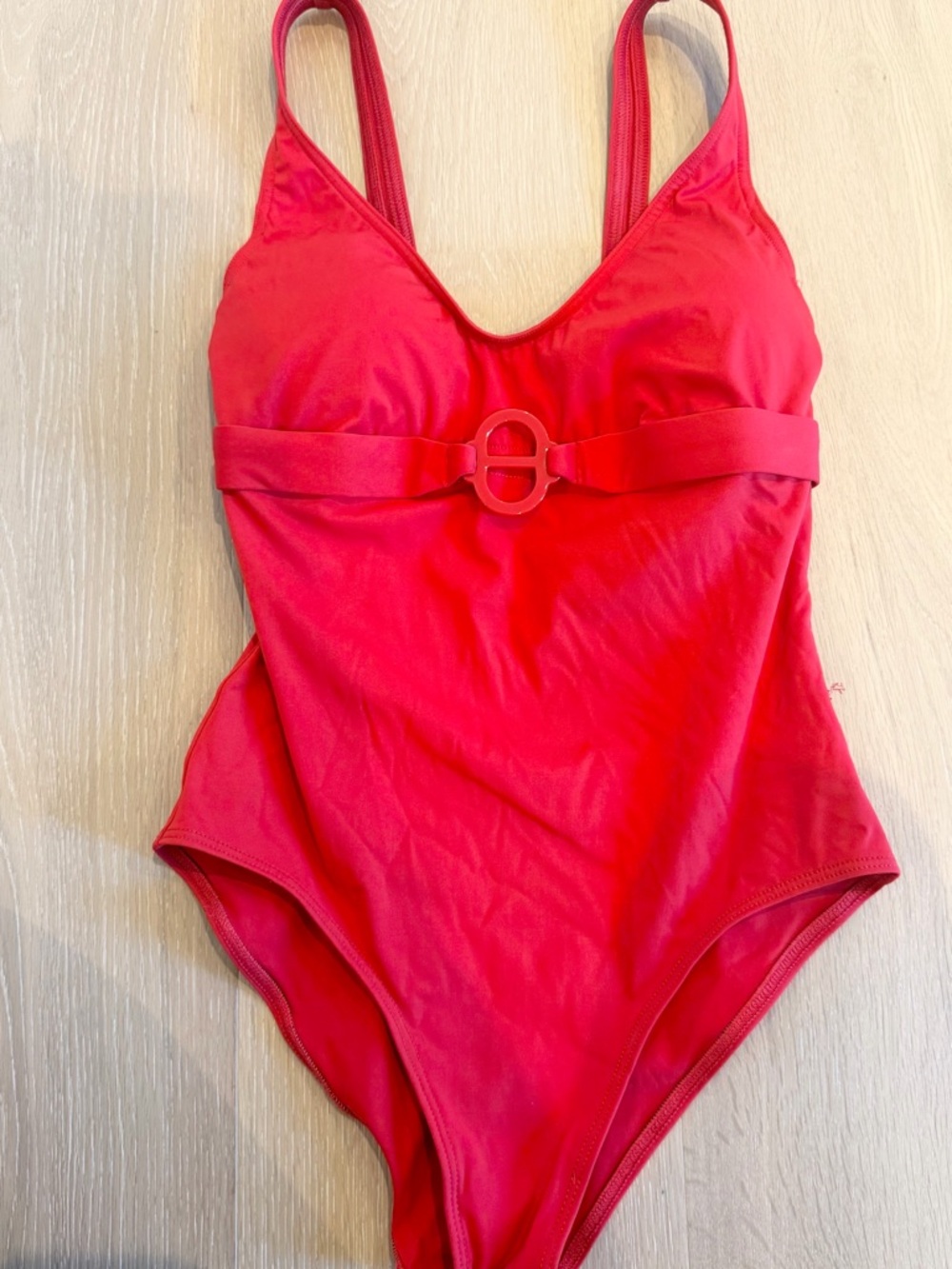 Hermes Bright Red V-Neck One-Piece Swimsuit with Signature Belt Detail